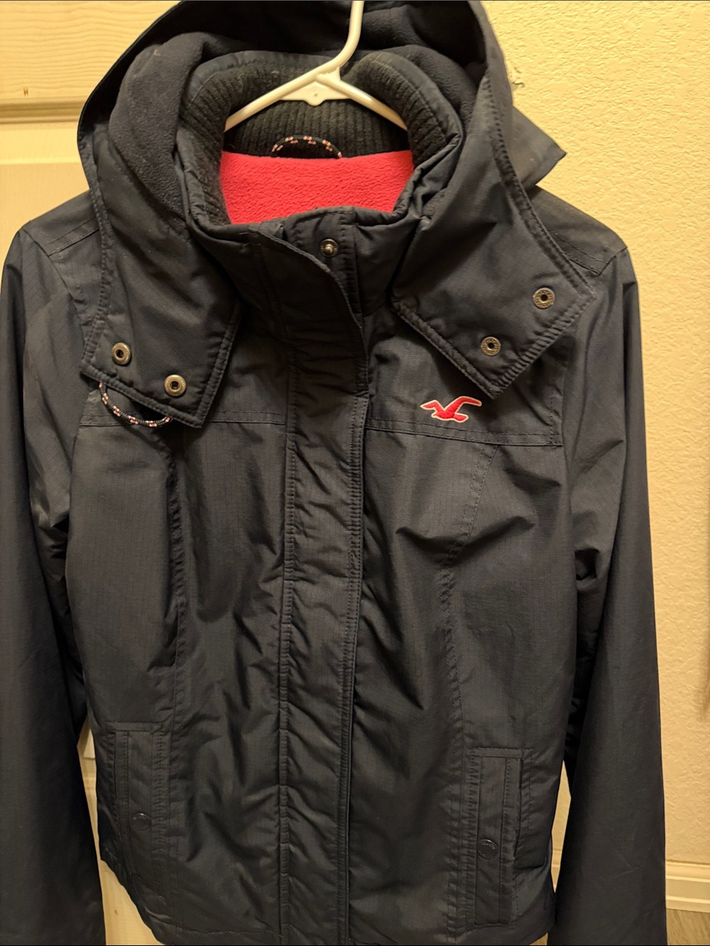 Hollister Navy Jacket with Bright Pink Fleece Lining